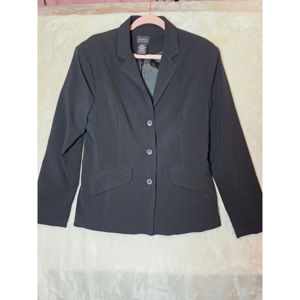 George Stretch Womens Black Three Button Blazer Jacket Size 12 Professional